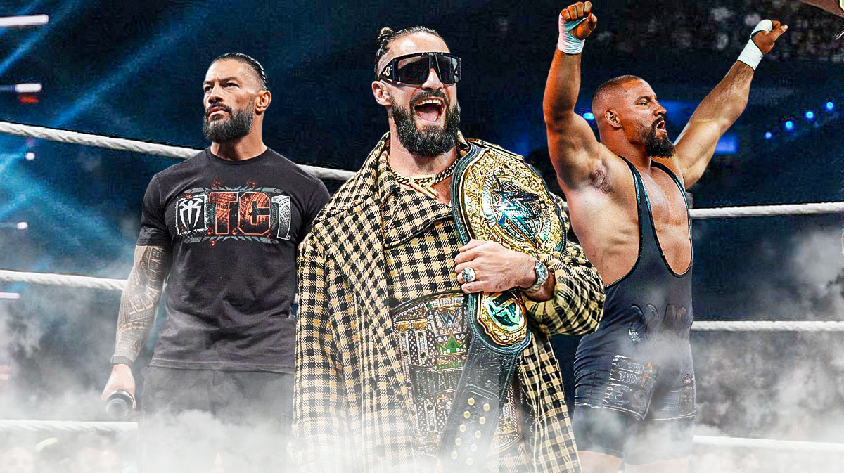 WWE stars Roman Reigns, Seth Rollins, and Bron Breakker.