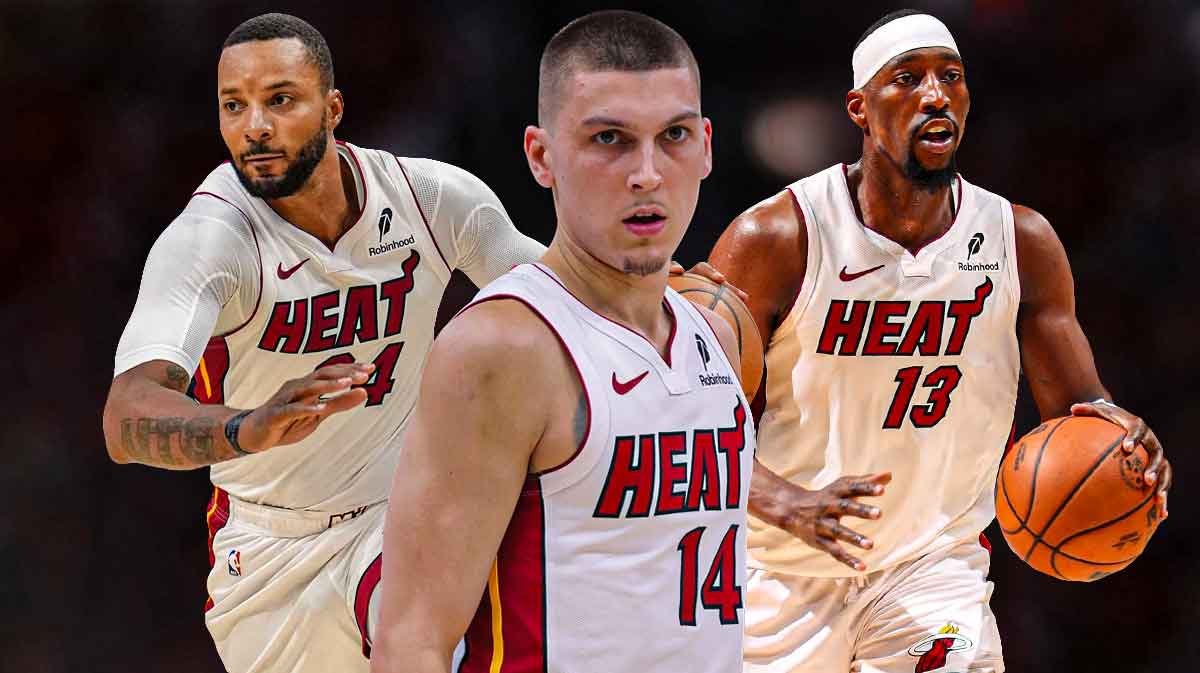 Miami Heat star Tyler Herro in the middle of Bam Adebayo and Norman Powell in front of Kaseya Center.