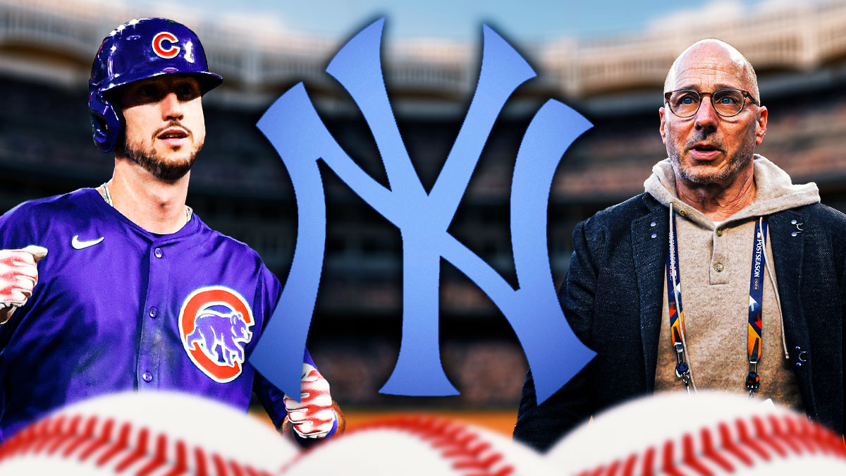 IMAGE: New York Yankees logo in center, free agent outfielder Kyle Tucker on the left side, New York Yankees general manager Brian Cashman on the right side, Yankee Stadium (home field for the New York Yankees) in the background