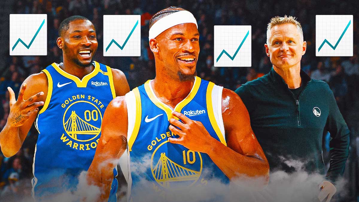 Warrios' Jonathan Kuminga, Jimmy Butler, and Steve Kerr excited and happy with a stock trending up emoji next to all of them