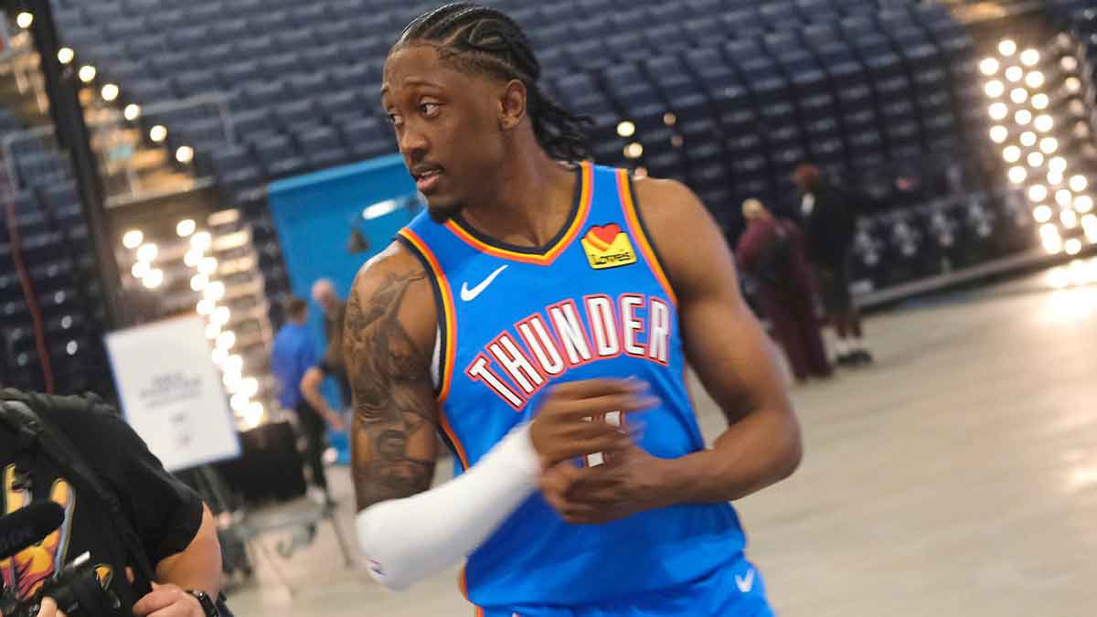 Jalen Williams (8) during the Thunder Media Day for the 25-26 NBA season at the Paycom Center Monday, Sept. 29, 2025.