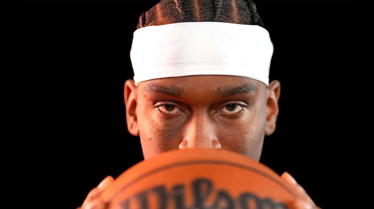 Thunder guard Shai Gilgeous-Alexander (2) poses for a photo shoot during Thunder media day at Paycom Center in Oklahoma City on Monday, Sept. 29, 2025.