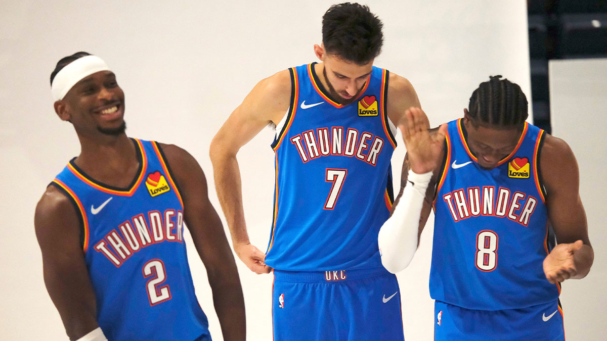 Shai Gilgeous-Alexander (2), Chet Holmgren (7) and Jalen Williams (8) during the Thunder Media Day for the 25-26 NBA season at the Paycom Center Monday, Sept. 29, 2025.