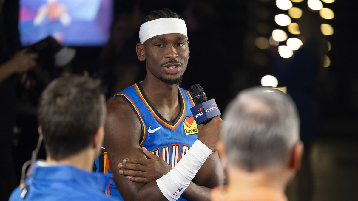 Thunder guard Shai Gilgeous-Alexander (2) speaks to the media during the 2025 Oklahoma City Thunder media day at Paycom Center