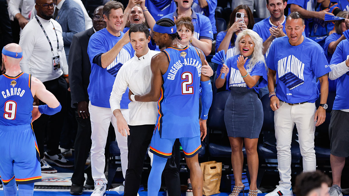 Thunder guard Shai Gilgeous-Alexander (2) celebrates with Oklahoma City Thunder head coach Mark Daigneault during the fourth quarter of game seven of the 2025 NBA Finals against the Indiana Pacers at Paycom Center
