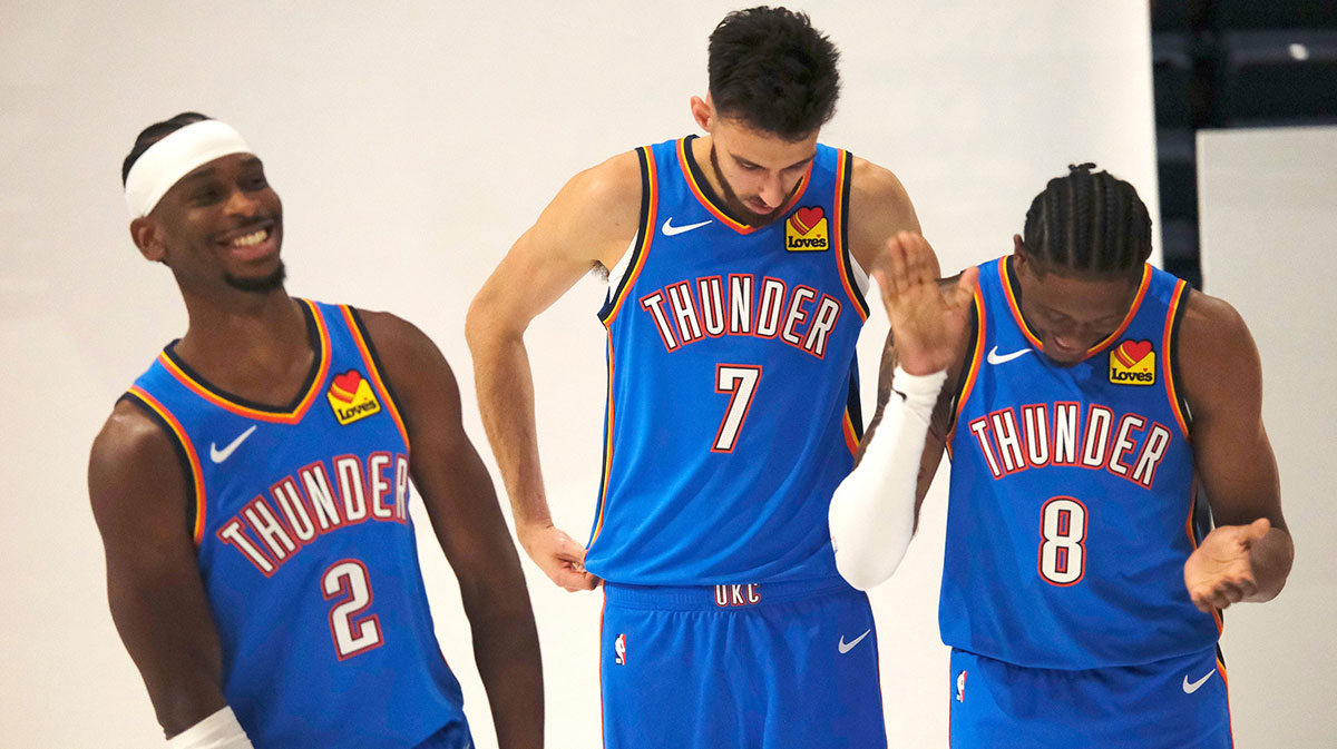 Shai Gilgeous-Alexander (2), Chet Holmgren (7) and Jalen Williams (8) during the Thunder Media Day for the 25-26 NBA season at the Paycom Center Monday, Sept. 29, 2025.