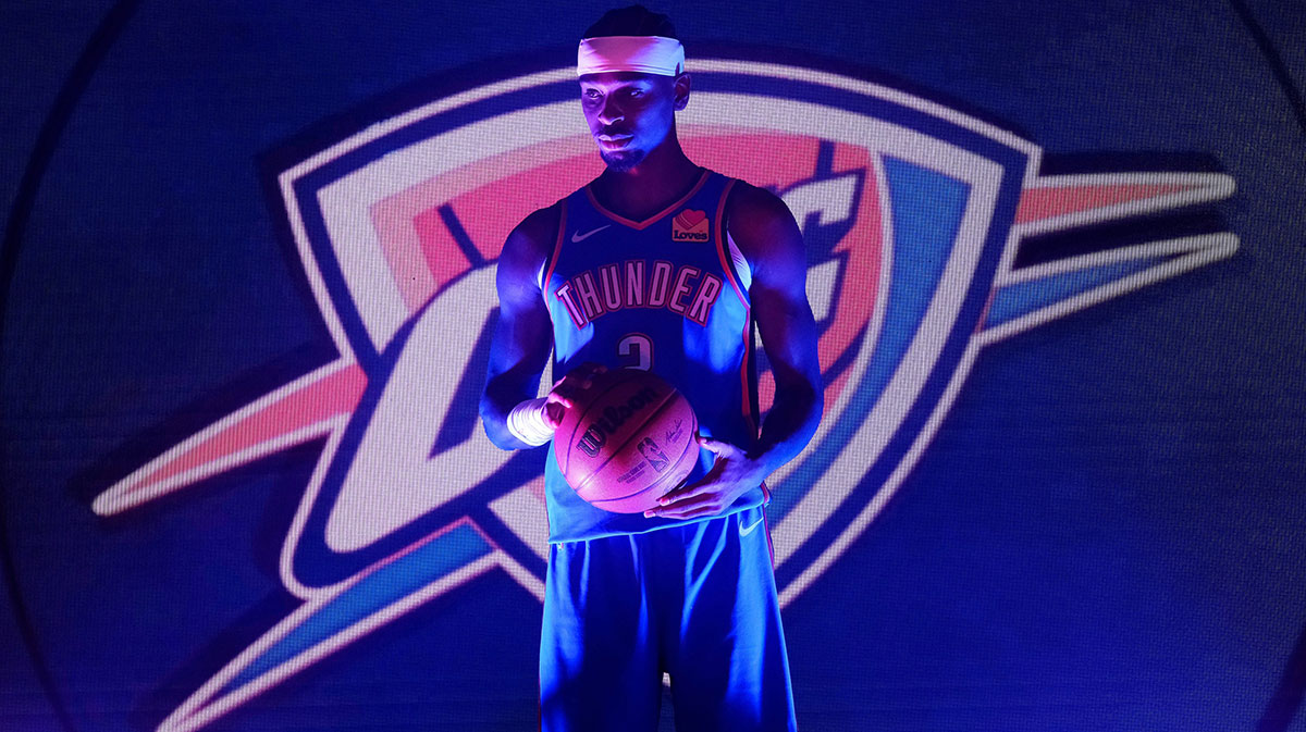 Shai Gilgeous-Alexander during the Thunder Media Day for the 25-26 NBA season at the Paycom Center Monday, Sept. 29, 2025 with the Starting 5 logo in the background