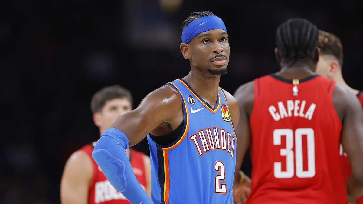 Thunder guard Shai Gilgeous-Alexander (2) wears his MVP Patch on his jersey during a game against the Houston Rockets at Paycom Center