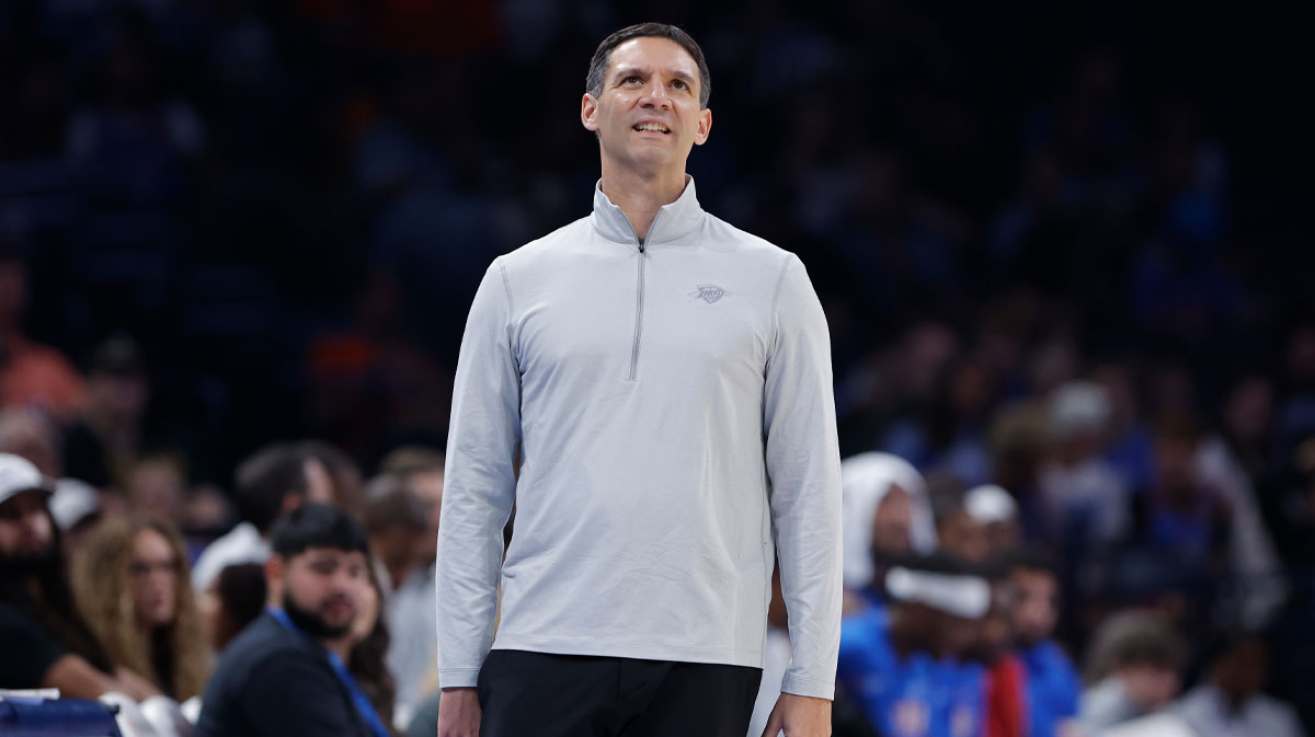 Oklahoma City Thunder Head Coach Mark Daigneault looks at the scoreboard during a game against the Denver Nuggets during the second half at Paycom Center.