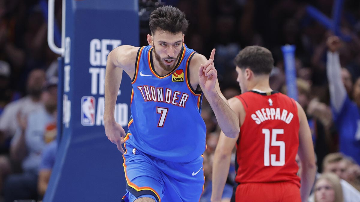 Thunder center Chet Holmgren (7) gestures after scoring against the Houston Rockets during the second half at Paycom Center