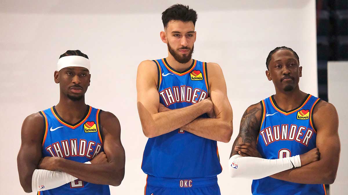 Thunder's Shai Gilgeous-Alexander (2), Chet Holmgren (7) and Jalen Williams (8) during the Thunder Media Day for the 25-26 NBA season at the Paycom Center Monday, Sept. 29, 2025.