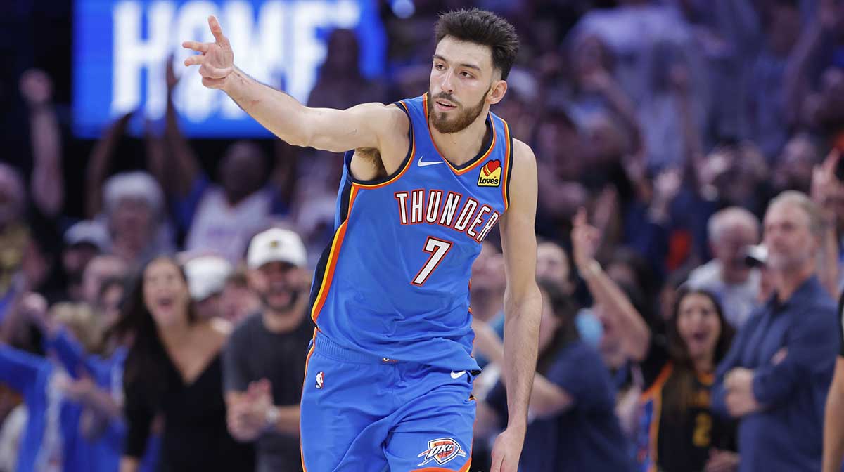 Thunder center Chet Holmgren (7) gestures after scoring a three point basket against the Houston Rockets during overtime at Paycom Center