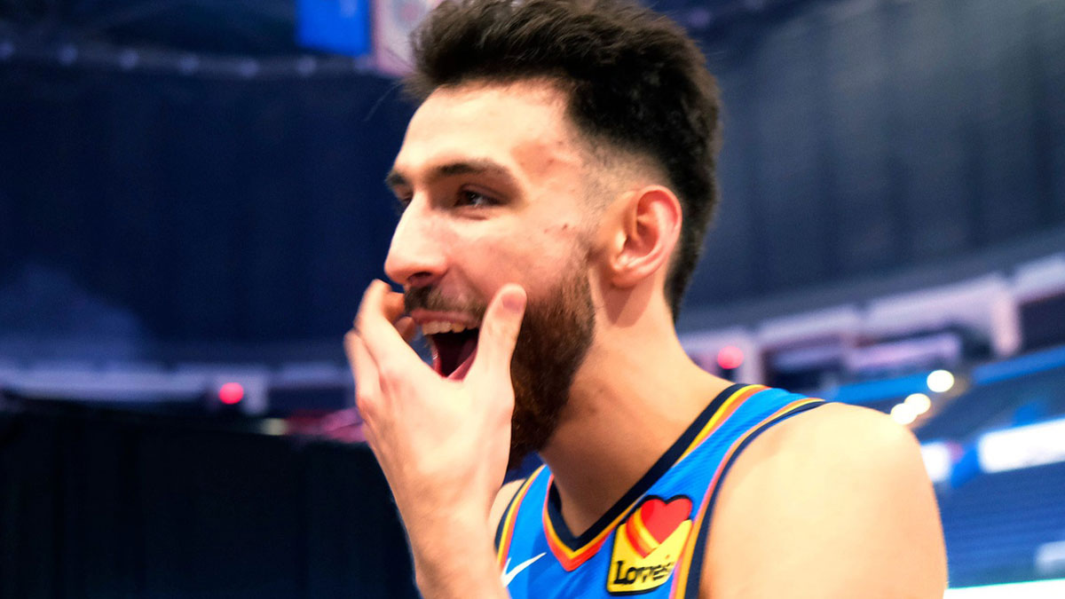 Chet Holmgren (7) reacts during the Thunder Media Day for the 25-26 NBA season at the Paycom Center Monday, Sept. 29, 2025.