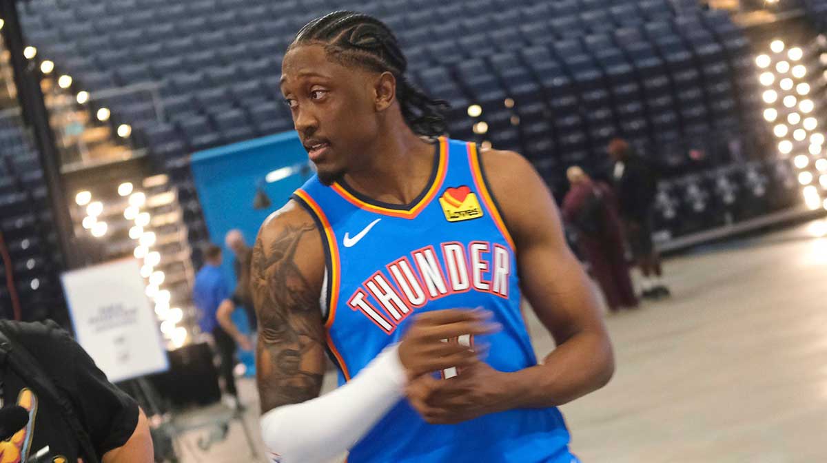 Jalen Williams (8) during the Thunder Media Day for the 25-26 NBA season at the Paycom Center Monday, Sept. 29, 2025.
