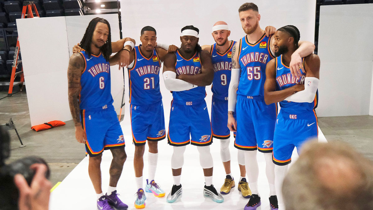Jaylin Williams (6), Aaron Wiggins (21), Luguentz Dort (5), Alex Caruso (9), Isaiah Hartenstein (55)and Isaiah Joe (11) during the Thunder Media Day for the 25-26 NBA season at the Paycom Center Monday, Sept. 29, 2025.