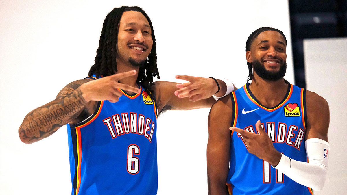 Jaylin Williams (6) and Isaiah Joe (11) during the Thunder Media Day for the 25-26 NBA season at the Paycom Center Monday, Sept. 29, 2025.