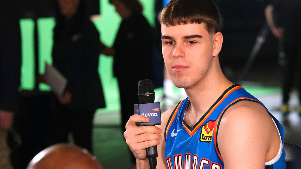 Nikola Topic (44) during the Thunder Media Day for the 25-26 NBA season at the Paycom Center Monday, Sept. 29, 2025.