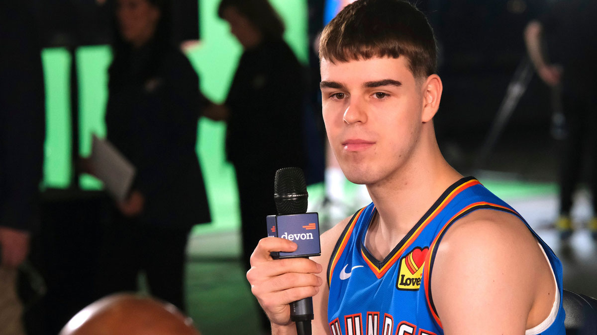 Nikola Topic (44) during the Thunder Media Day for the 25-26 NBA season at the Paycom Center Monday, Sept. 29, 2025.