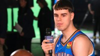Nikola Topic (44) during the Thunder Media Day for the 25-26 NBA season at the Paycom Center Monday, Sept. 29, 2025.