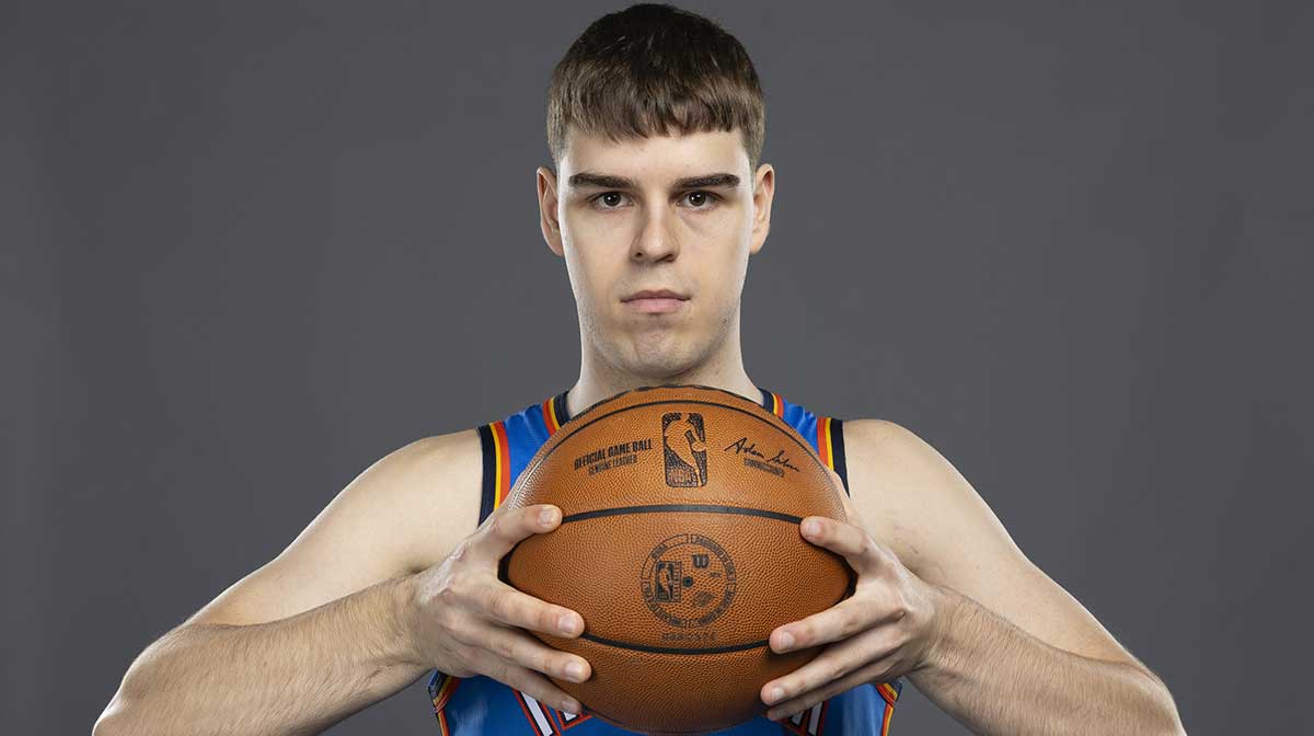 Thunder guard Nikola Topic (44) poses for a photo during the 2025 Oklahoma City Thunder media day at Paycom Center