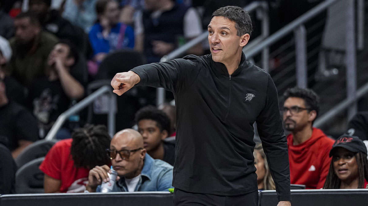 Thunder head coach Mark Daigneault reacts against the Atlanta Hawks during the second half at State Farm Arena
