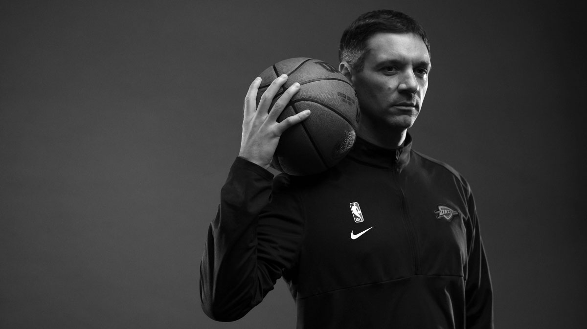 Coach Mark Daigneault during the Thunder Media Day for the 25-26 NBA season at the Paycom Center Monday, Sept. 29, 2025 with the Rockets logo in the background