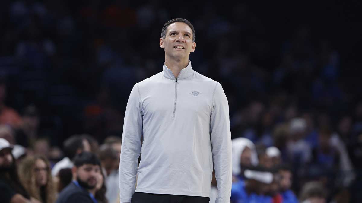 Thunder Head Coach Mark Daigneault looks at the scoreboard during a game against the Denver Nuggets during the second half at Paycom Center