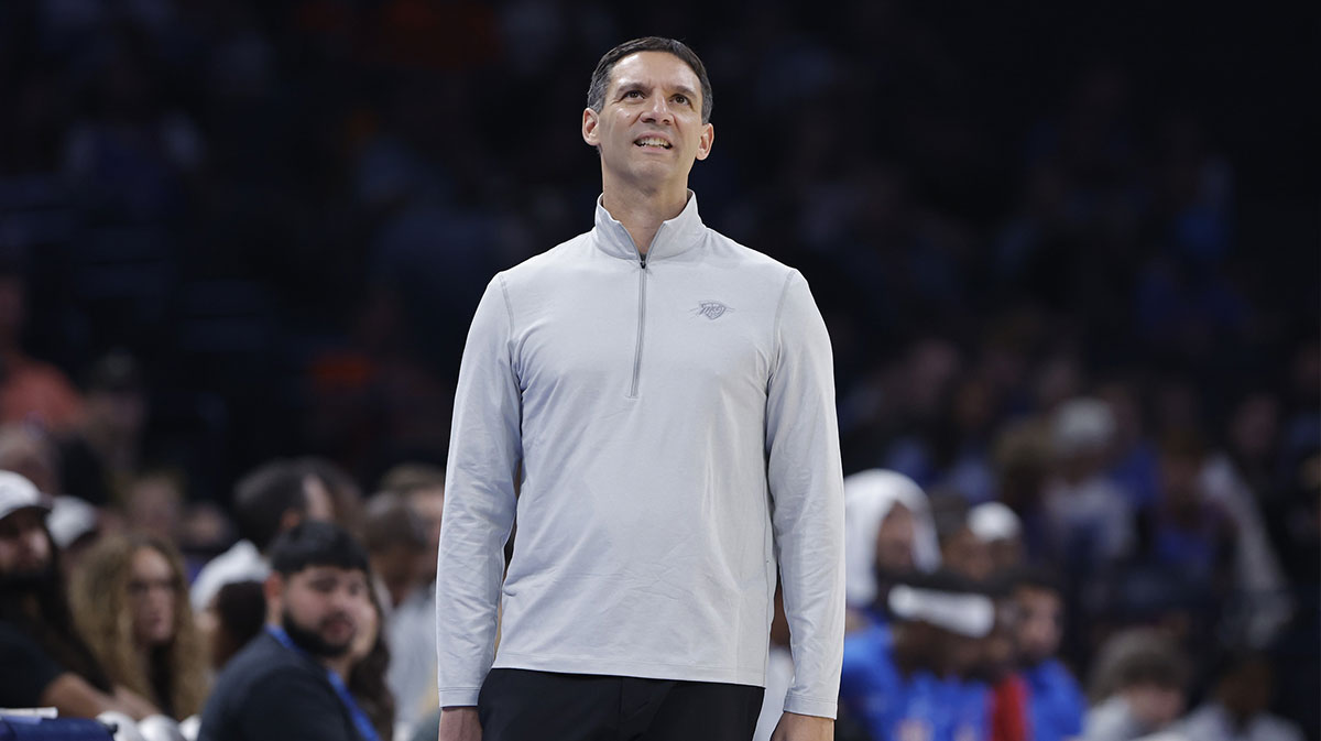 Thunder Head Coach Mark Daigneault looks at the scoreboard during a game against the Denver Nuggets during the second half at Paycom Center
