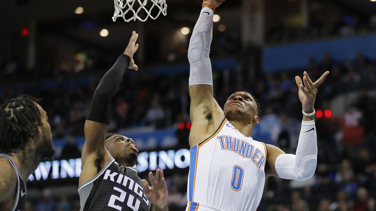 Thunder guard Russell Westbrook (0) before the game against the Denver Nuggets at the Pepsi Center