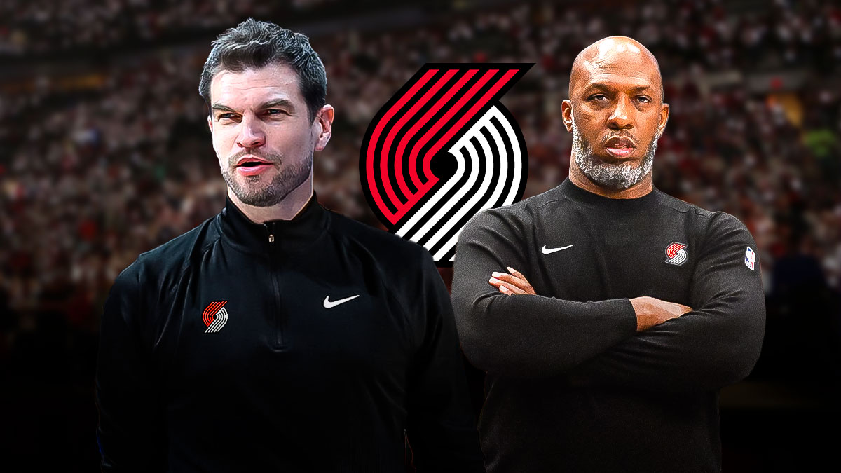 Tiago Splitter (Dressed as a coach, preferably with the Trail Blazers) looking happy on the left. Chauncey Billups next to him looking serious on the right. Trail Blazers logo in between them.
