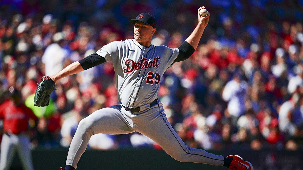 Detroit Tigers pitcher Tarik Skubal (29) delivers in the first inning against the Cleveland Guardians during game one of the Wildcard round for the 2025 MLB playoffs at Progressive Field.
