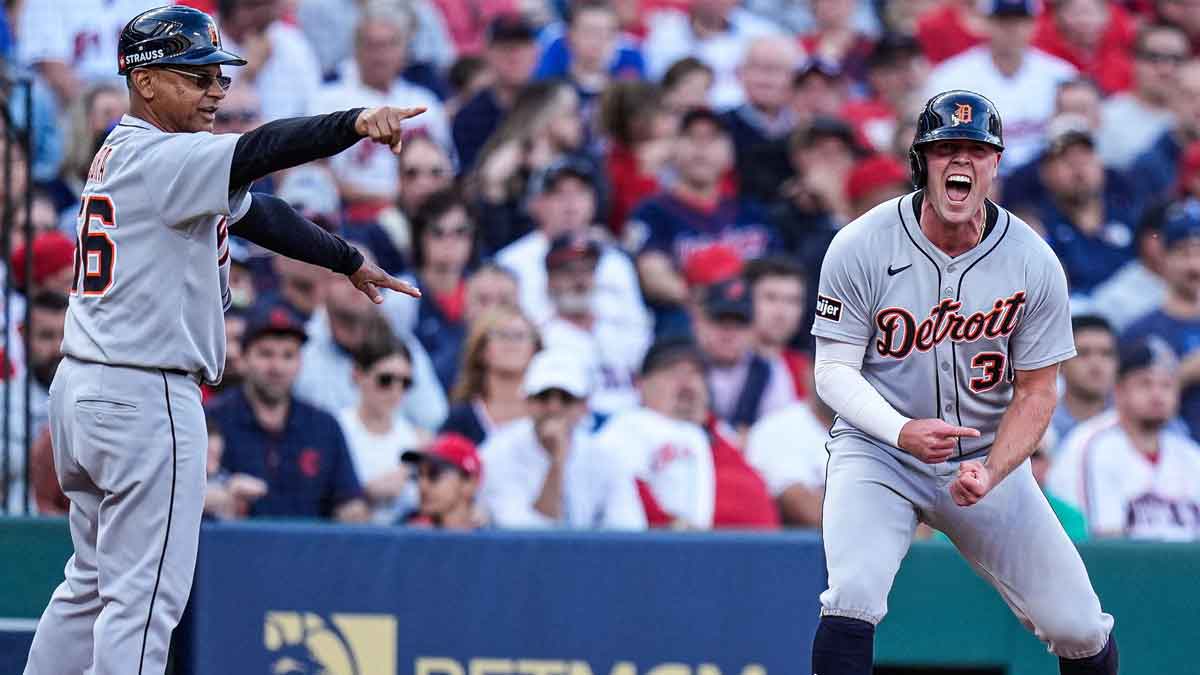 Tigers designated hitter Kerry Carpenter (30) celebrates