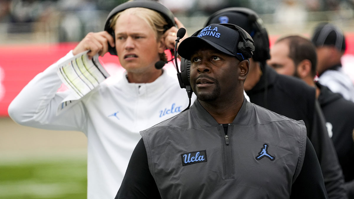 UCLA Bruins interim head coach Tim Skipper looks up at the video board in the fourth quarter at Spartan Stadium.