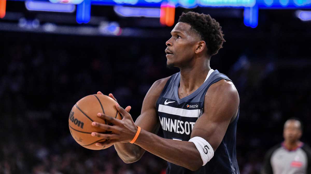 Minnesota Timberwolves guard Anthony Edwards (5) shoots the ball against the New York Knicks during the first half at Madison Square Garden.