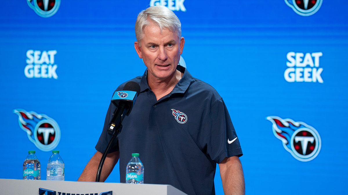 Tennessee Titans interim head coach Mike McCoy speaks to the media during his first press conference as interim head coach at Ascension Saint Thomas Sports Park in Nashville, Tenn., Tuesday, Oct. 14, 2025. Titans head coach Brian Callahan was fired Monday after leading the team to a 4-19 record over his tenure.