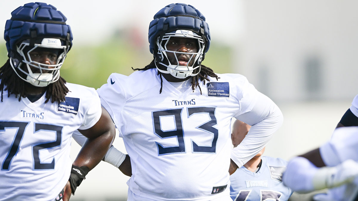 Tennessee Titans defensive tackle T'Vondre Sweat (93) goes through drills during training camp at Ascension Saint Thomas Sports Park.