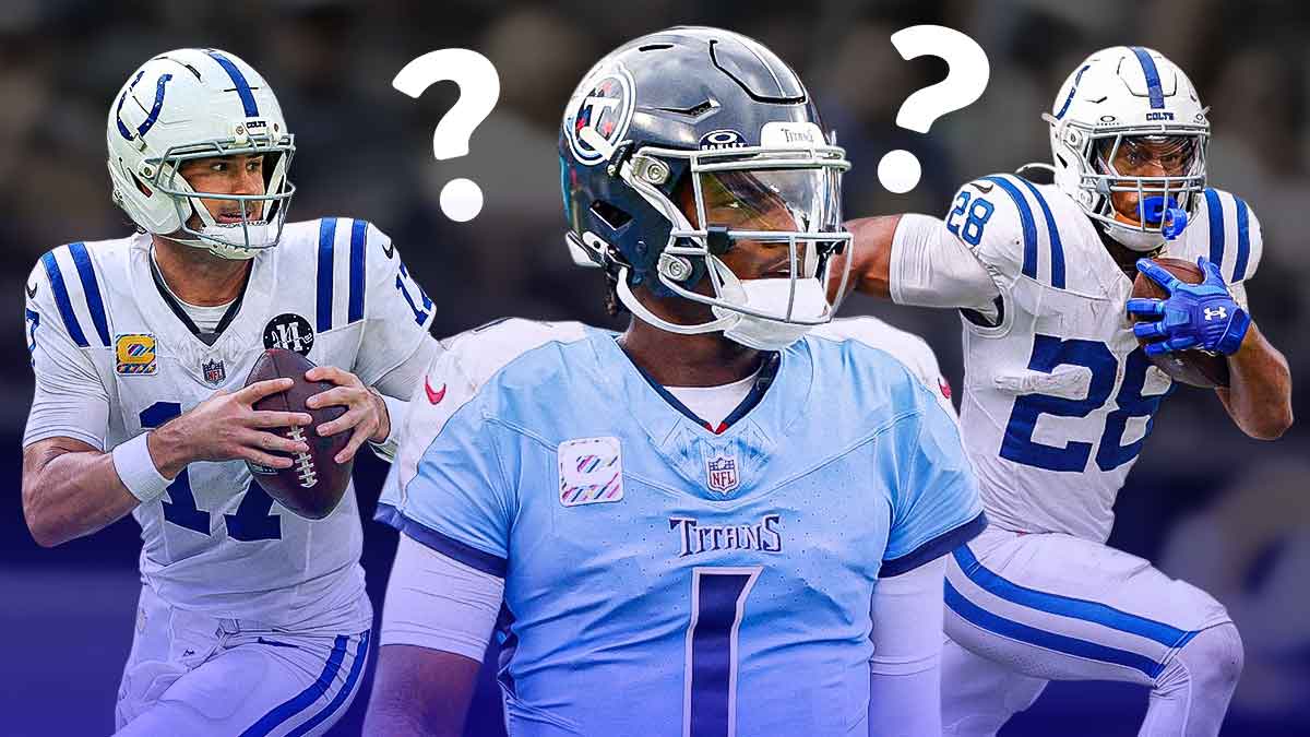 Titans QB Cam Ward with Colts QB Daniels Jones and RB Jonathan Taylor. They are all surrounded by question mark emojis.