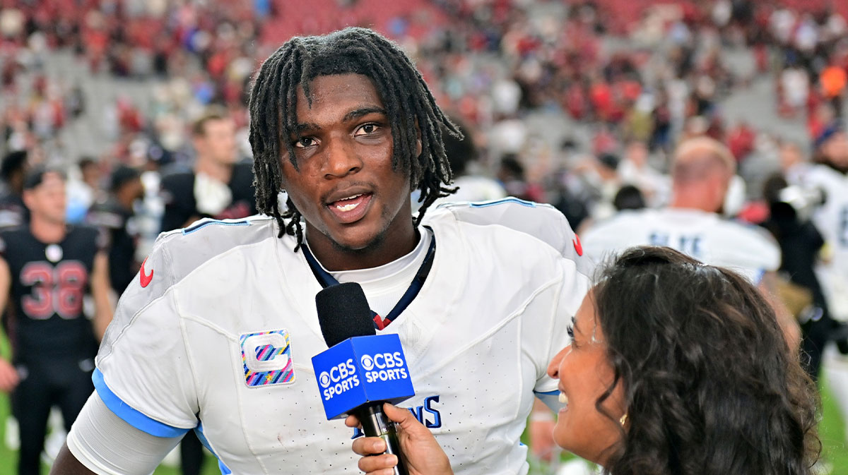Tennessee Titans quarterback Cam Ward (1) is interviewed after the game against the Arizona Cardinals at State Farm Stadium.