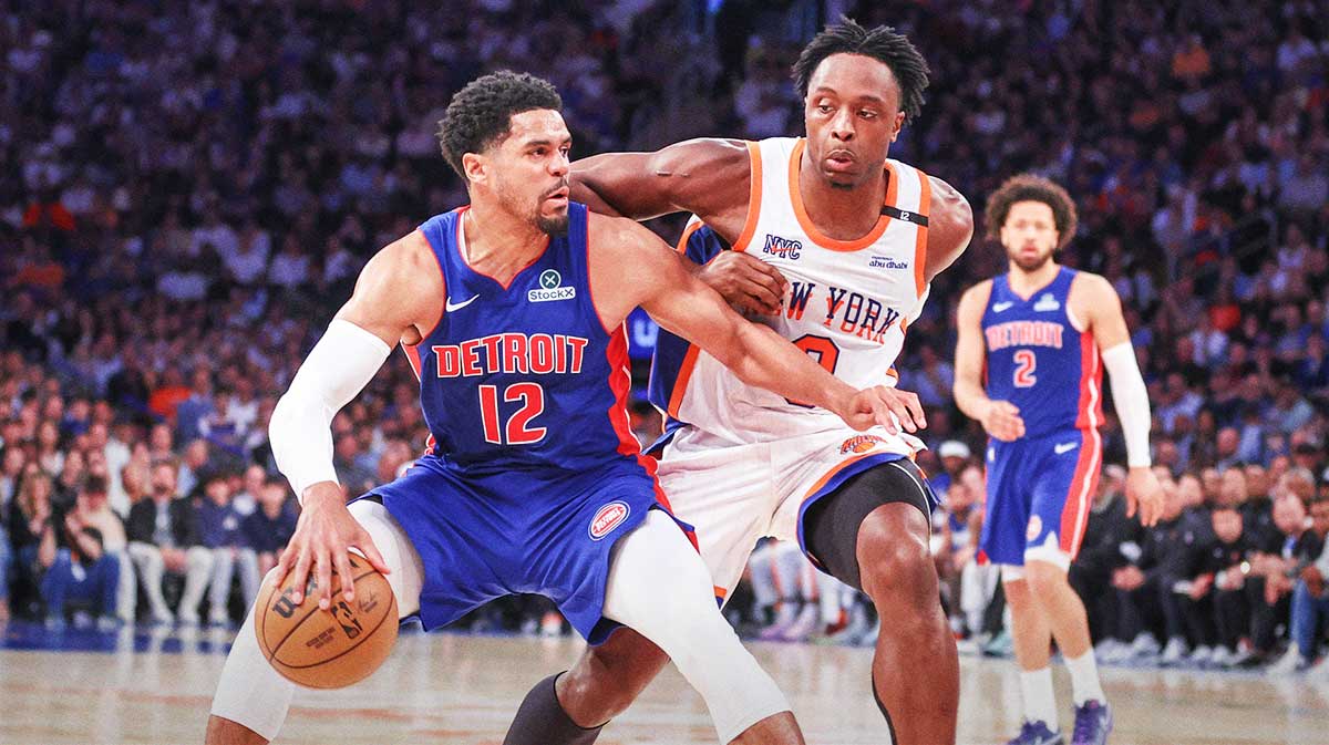 Detroit Pistons forward Tobias Harris (12) drives against New York Knicks forward OG Anunoby (8) in the second quarter during game five of first round for the 2025 NBA Playoffs at Madison Square Garden.
