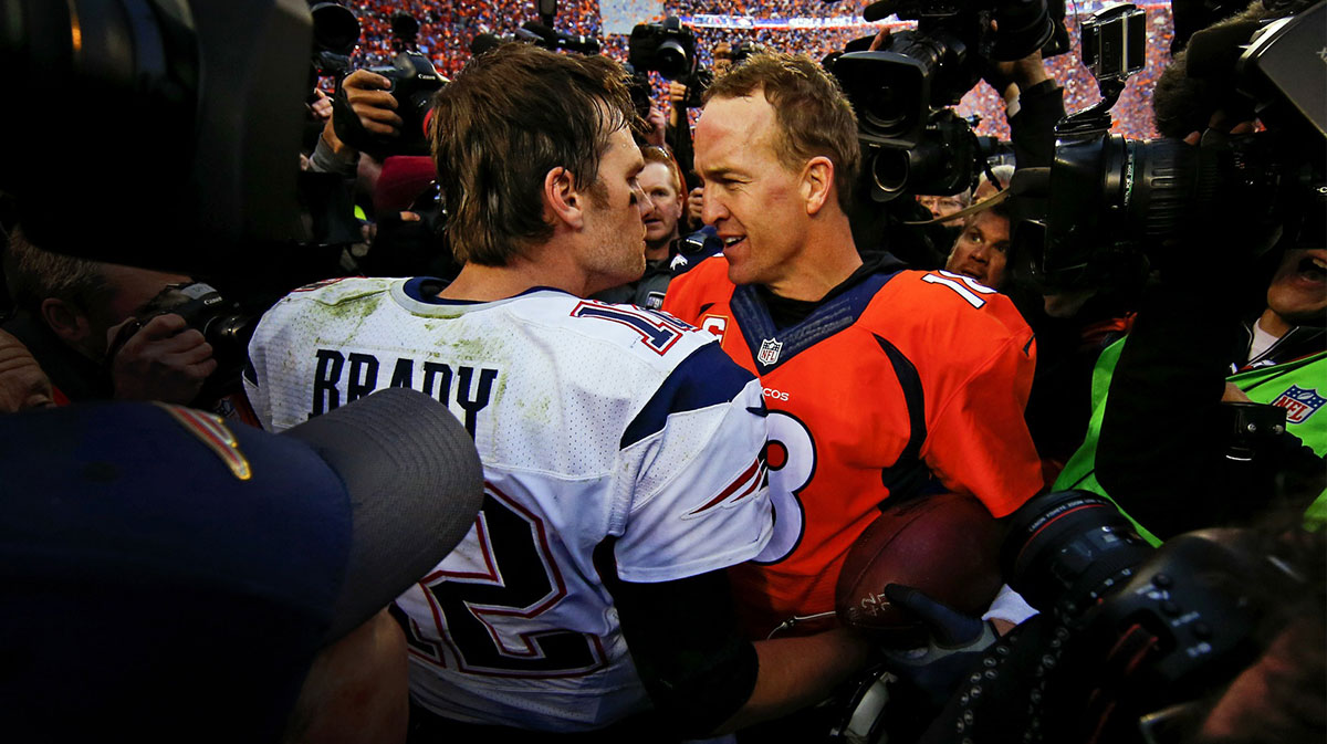 Tom Brady and Peyton Manning after the New England Patriots and Denver Broncos met in the AFC Championship game in January 2016.