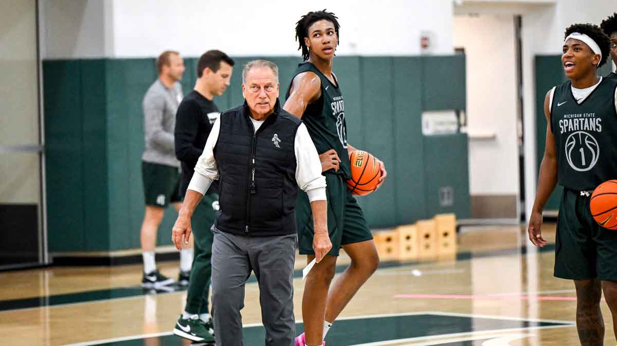 Michigan State's coach Tom Izzo looks on during the first day of basketball practice on Monday, Sept. 22, 2025, at the Breslin Center in East Lansing.
