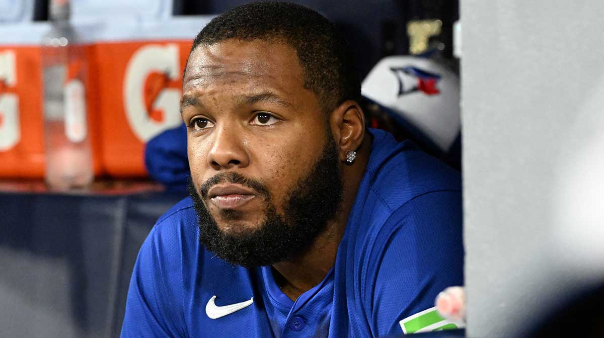 Toronto Blue Jays first baseman Vladimir Guerrero Jr. (27) looks on in the fifth inning against the Seattle Mariners during game two of the ALCS round for the 2025 MLB playoffs at Rogers Centre.