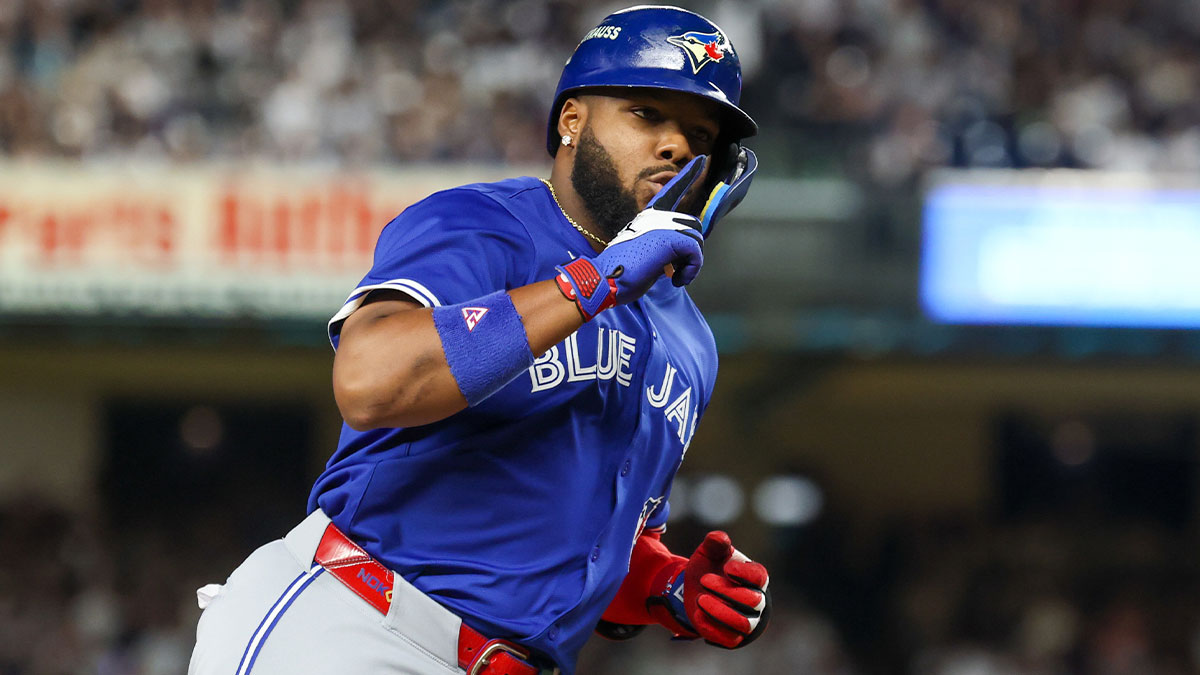 Toronto Blue Jays first baseman Vladimir Guerrero Jr. (27) reacts after hitting a two-run home run in the first inning against the New York Yankees during game three of the ALDS round for the 2025 MLB playoffs at Yankee Stadium.