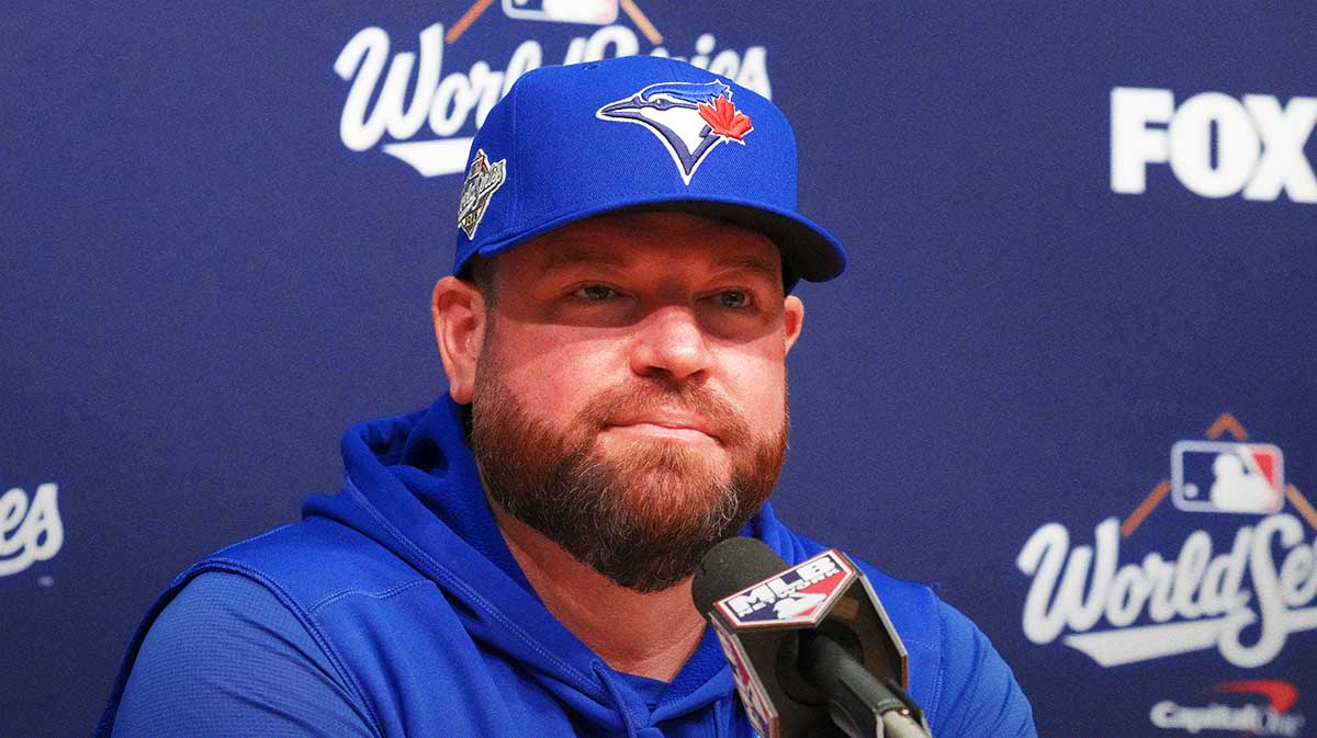 Toronto Blue Jays manager John Schneider at press conference during game five of the 2025 MLB World Series at Dodger Stadium. Mandatory Credit: Kirby Lee-Imagn Images