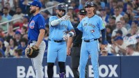 Toronto Blue Jays shortstop Bo Bichette (11) celebrates hitting a single against the Chicago Cubs during the first inning at Rogers Centre.