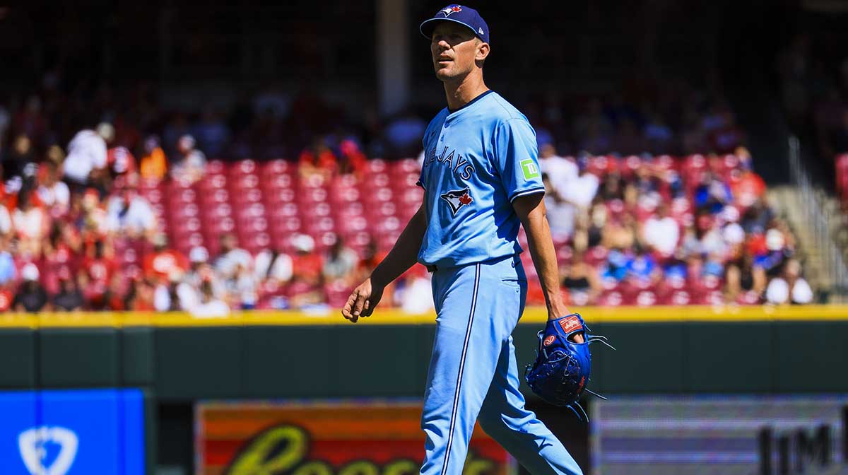 Toronto Blue Jays starting pitcher Chris Bassitt (40) walks off the field during a pitching change in the seventh inning against the Cincinnati Reds at Great American Ball Park.