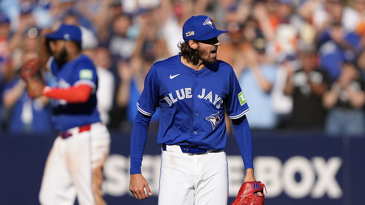  Toronto Blue Jays starting pitcher Kevin Gausman (34) reacts after a complete game win over the Houston Astros at Rogers Centre. Mandatory Credit: John E. Sokolowski-Imagn Images