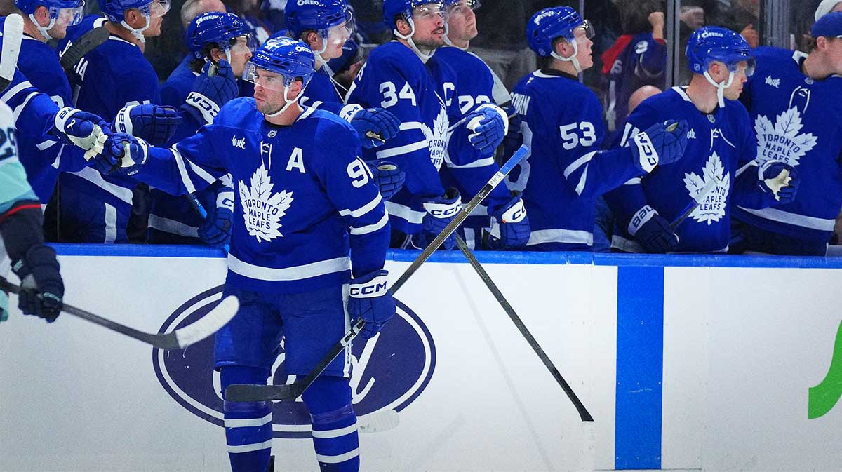 Toronto Maple Leafs center John Tavares (91) celebrates after scoring a goal against the Seattle Kraken during the second period at Scotiabank Arena.