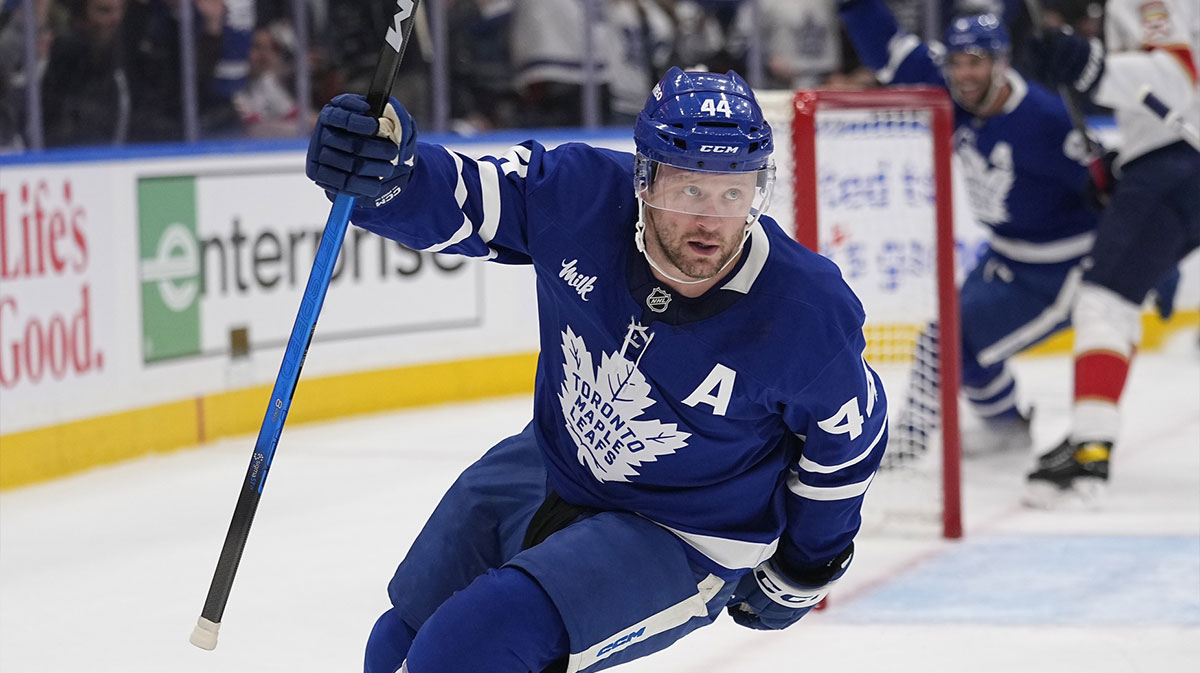 Toronto Maple Leafs defenseman Morgan Rielly (44) celebrates a goal against the Florida Panthers during the first period of the second round of the 2025 Stanley Cup Playoffs at Scotiabank Arena.
