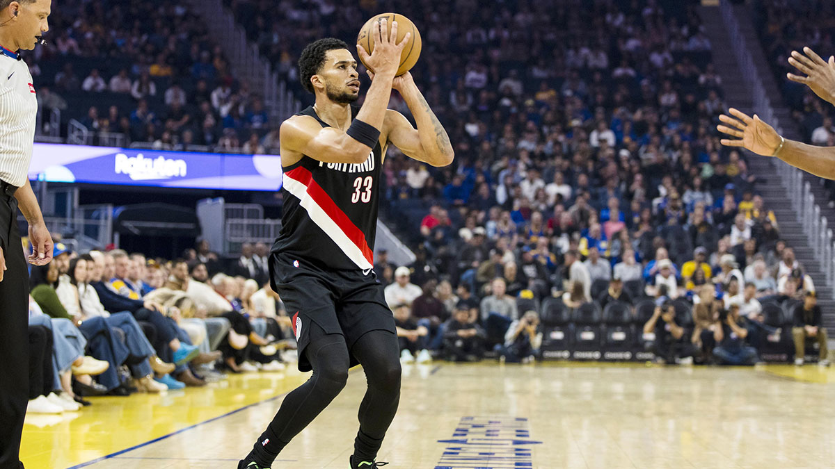 Portland Trail Blazers forward Toumani Camara (33) takes a three-point shot against the Golden State Warriors during the first quarter at Chase Center.